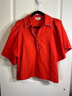 Crosby by Mollie Burch. Vibrant Red Puff-Sleeve Collared Blouse with White Trim